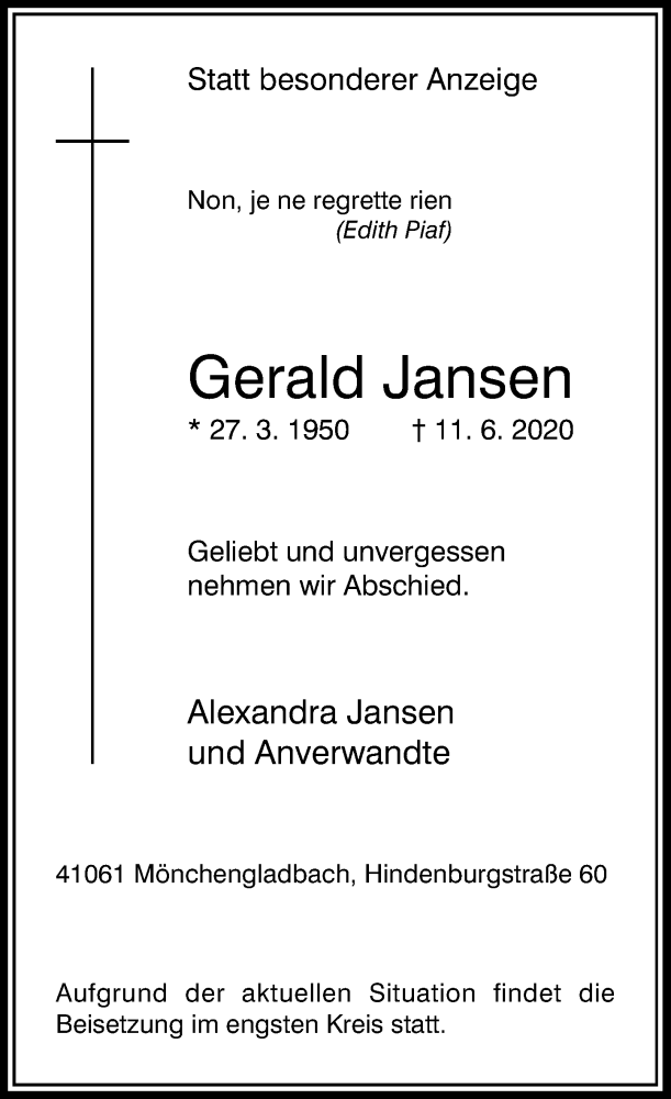  Traueranzeige für Gerald Jansen vom 20.06.2020 aus Rheinische Post
