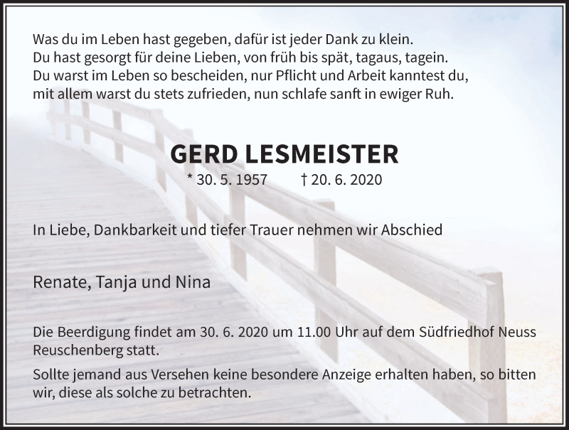  Traueranzeige für Gerd Lesmeister vom 27.06.2020 aus Rheinische Post