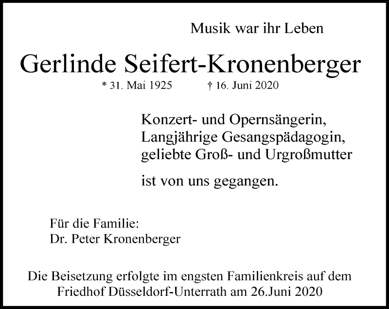  Traueranzeige für Gerlinde Seifen-Kronenberger vom 04.07.2020 aus Rheinische Post