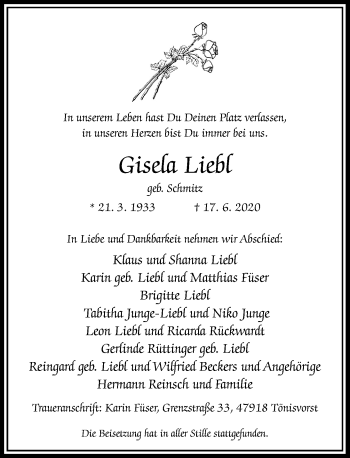 Traueranzeige von Gisela Liebl von Rheinische Post