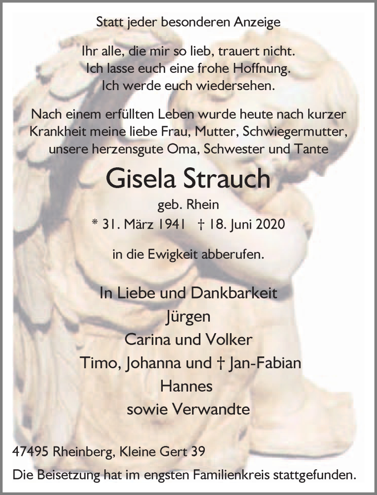  Traueranzeige für Gisela Strauch vom 24.06.2020 aus Rheinische Post