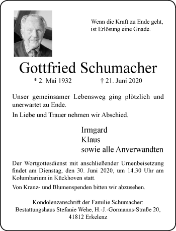 Traueranzeige von Gottfried Schumacher von Rheinische Post