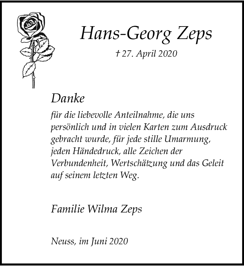  Traueranzeige für Hans-Georg Zeps vom 20.06.2020 aus Rheinische Post