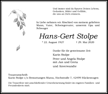 Traueranzeige von Hans-Gert Stolpe von Rheinische Post