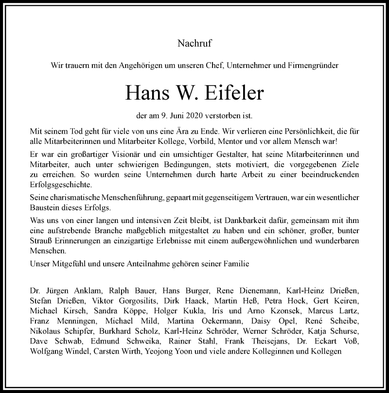  Traueranzeige für Hans W. Eifeler vom 20.06.2020 aus Rheinische Post