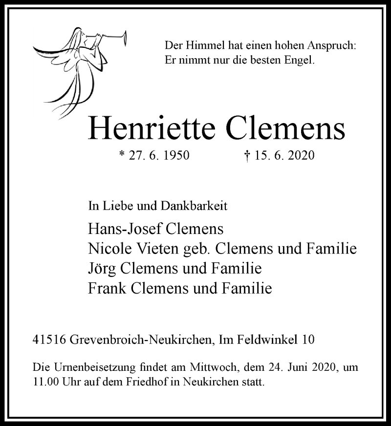  Traueranzeige für Henriette Clemens vom 20.06.2020 aus Rheinische Post