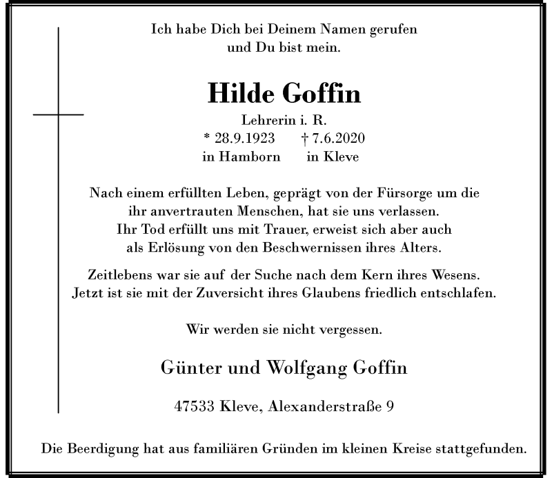  Traueranzeige für Hilde Goffin vom 13.06.2020 aus Rheinische Post