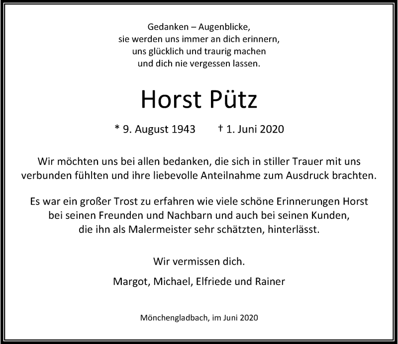  Traueranzeige für Horst Pütz vom 27.06.2020 aus Rheinische Post