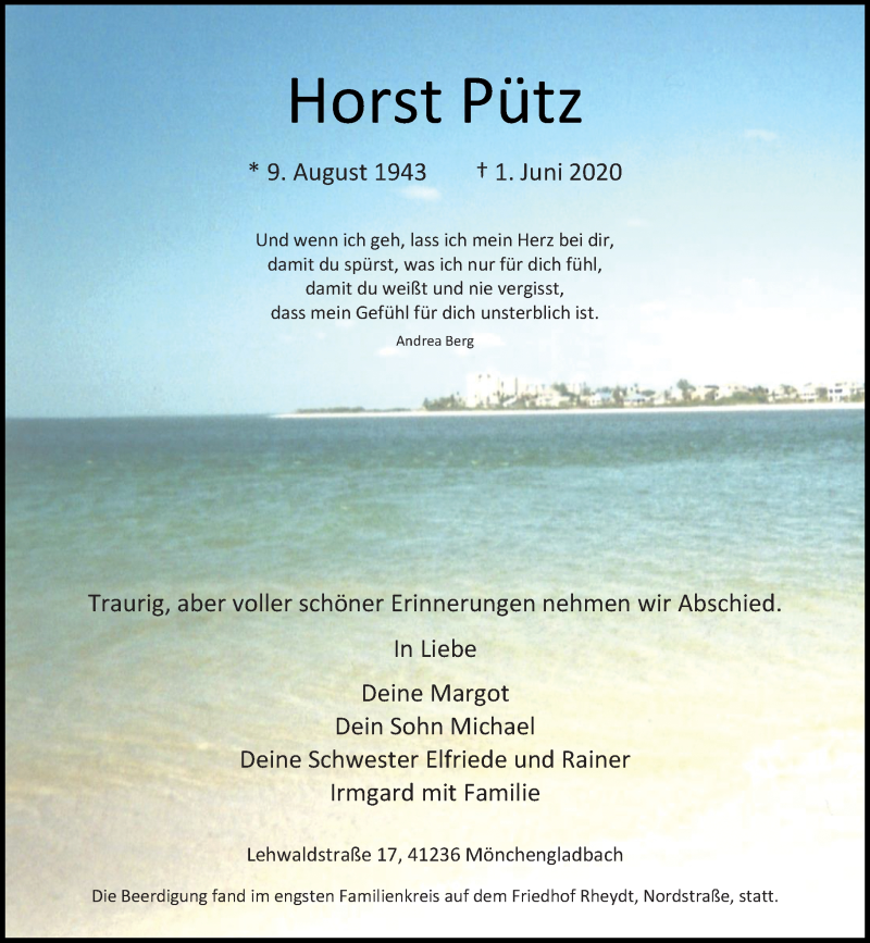  Traueranzeige für Horst Pütz vom 06.06.2020 aus Rheinische Post