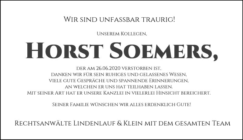  Traueranzeige für Horst Soemers vom 29.06.2020 aus Rheinische Post