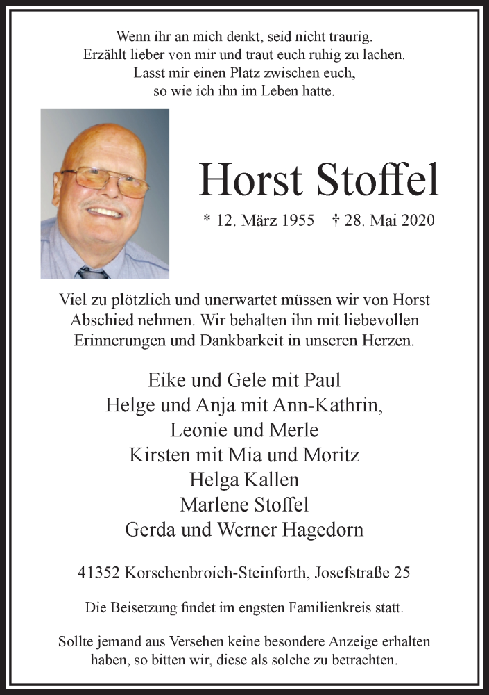  Traueranzeige für Horst Stoffel vom 03.06.2020 aus Rheinische Post