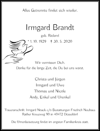 Traueranzeige von Irmgard Brandt von Rheinische Post