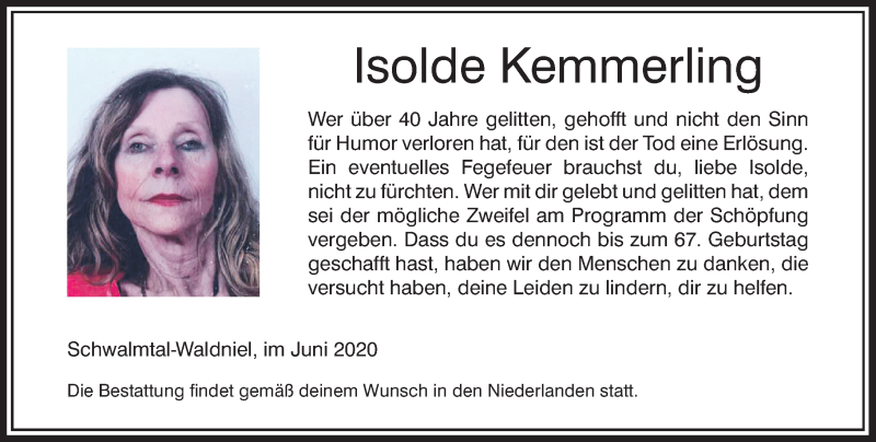  Traueranzeige für Isolde Kemmerling vom 13.06.2020 aus Rheinische Post