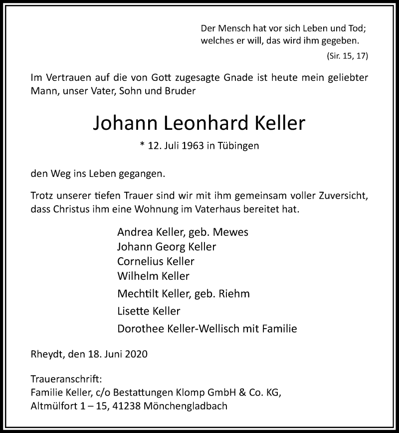  Traueranzeige für Johann Leonhard Keller vom 27.06.2020 aus Rheinische Post