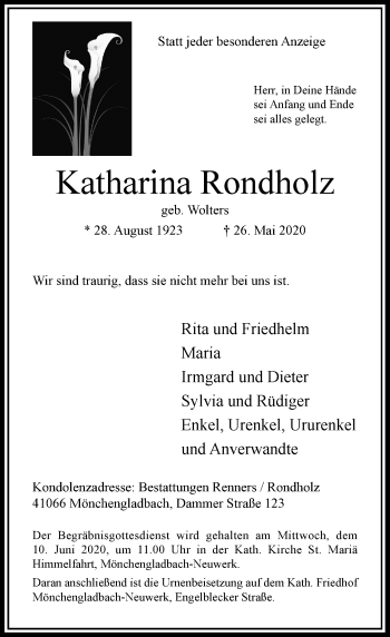 Traueranzeige von Katharina Rondholz von Rheinische Post