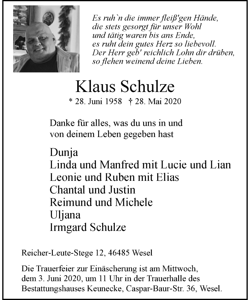  Traueranzeige für Klaus Schulze vom 02.06.2020 aus Rheinische Post