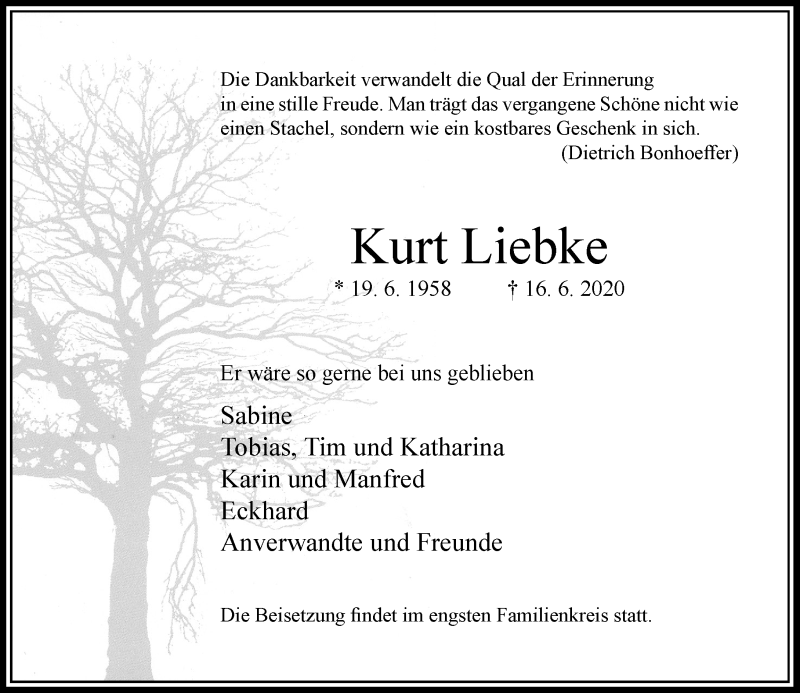  Traueranzeige für Kurt Liebke vom 20.06.2020 aus Rheinische Post