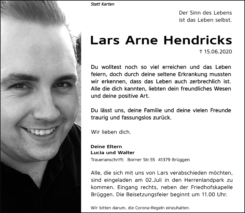  Traueranzeige für Lars Arne Hendricks vom 25.06.2020 aus Rheinische Post