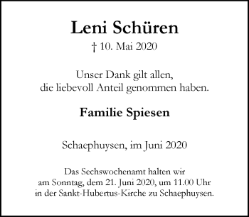 Traueranzeige von Leni Schüren von Rheinische Post