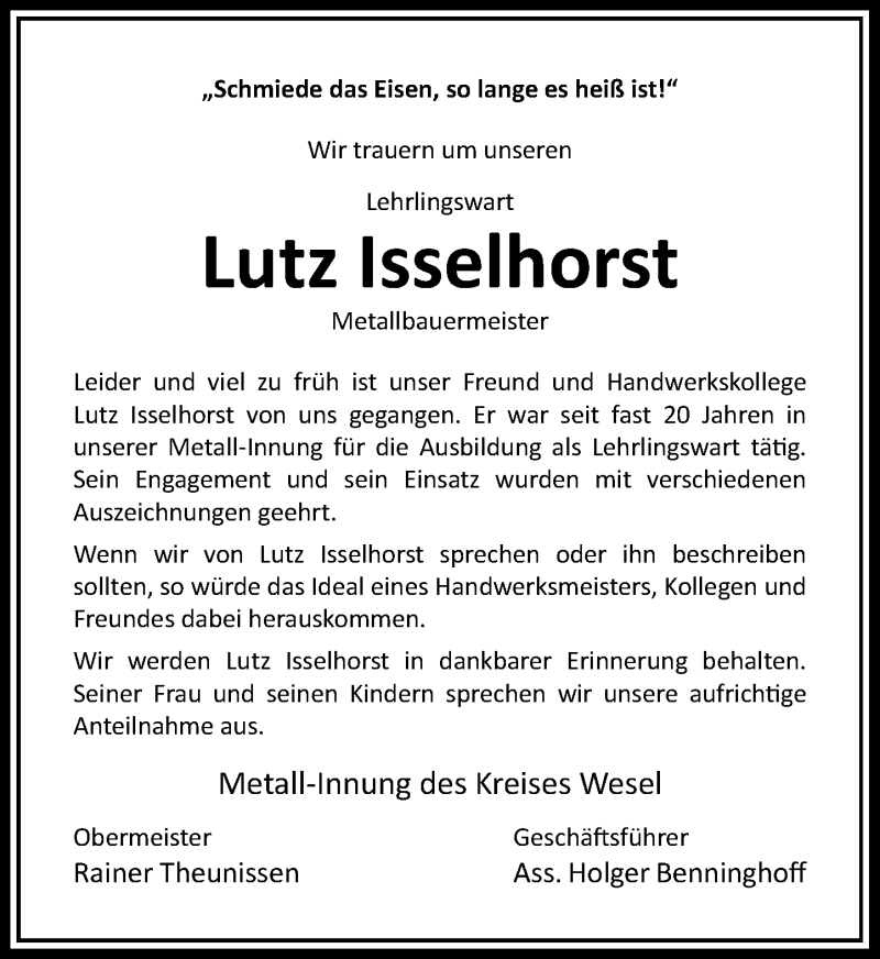  Traueranzeige für Lutz Isselhorst vom 16.06.2020 aus Rheinische Post
