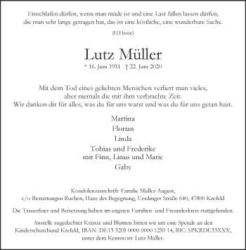 Traueranzeige von Lutz Müller von Rheinische Post