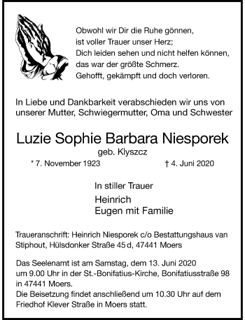 Traueranzeige von Luzie Sophie Barbara Niesporek von Rheinische Post