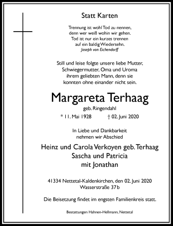 Traueranzeige von Margareta Terhaag von Rheinische Post