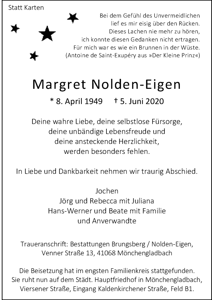  Traueranzeige für Margret Nolden-Eigen vom 20.06.2020 aus Rheinische Post