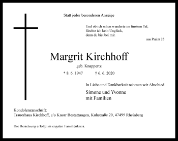 Traueranzeige von Margrit Kirchhoff von Rheinische Post