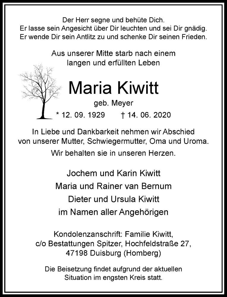  Traueranzeige für Maria Kiwitt vom 17.06.2020 aus Rheinische Post