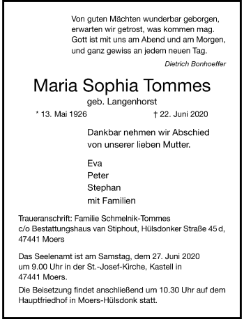 Traueranzeige von Maria Sophia Tommes von Rheinische Post