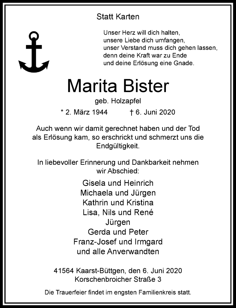  Traueranzeige für Marita Bister vom 10.06.2020 aus Rheinische Post