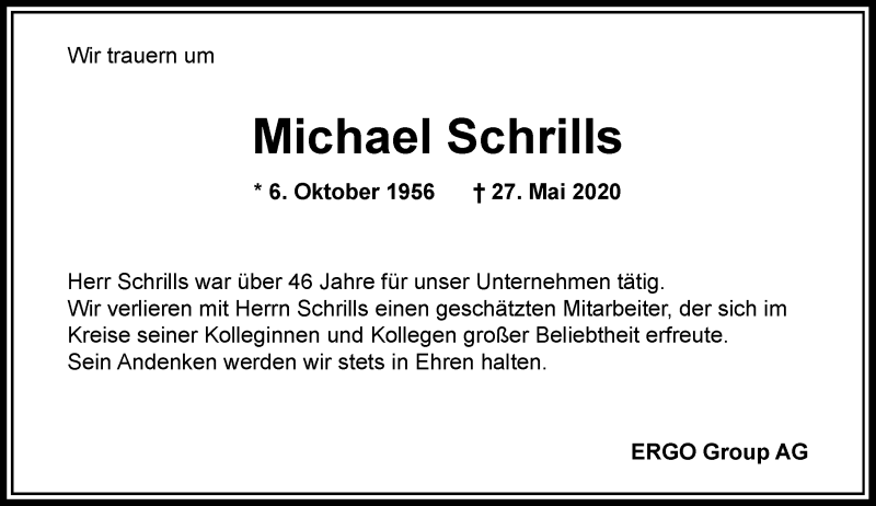  Traueranzeige für Michael Schrills vom 17.06.2020 aus Rheinische Post