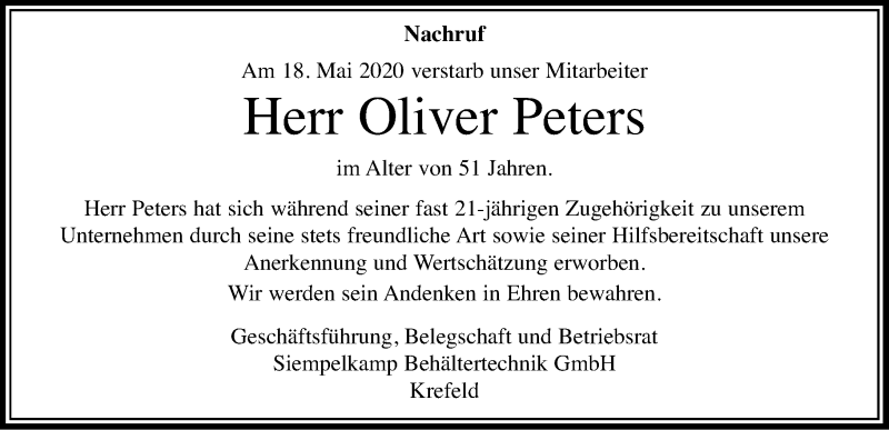  Traueranzeige für Oliver Peters vom 03.06.2020 aus Rheinische Post