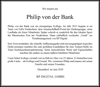 Traueranzeige von Philip von der Bank von Rheinische Post