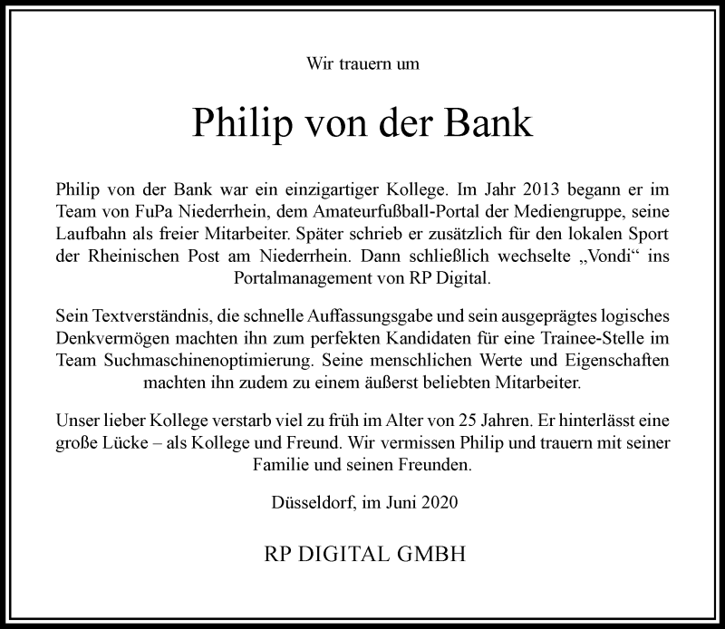  Traueranzeige für Philip von der Bank vom 27.06.2020 aus Rheinische Post