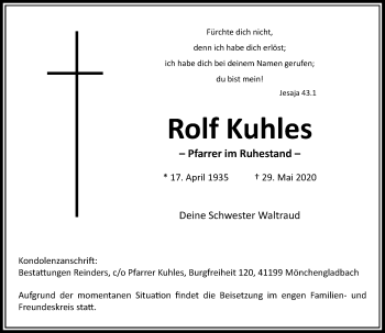 Traueranzeige von Rolf Kuhles von Rheinische Post