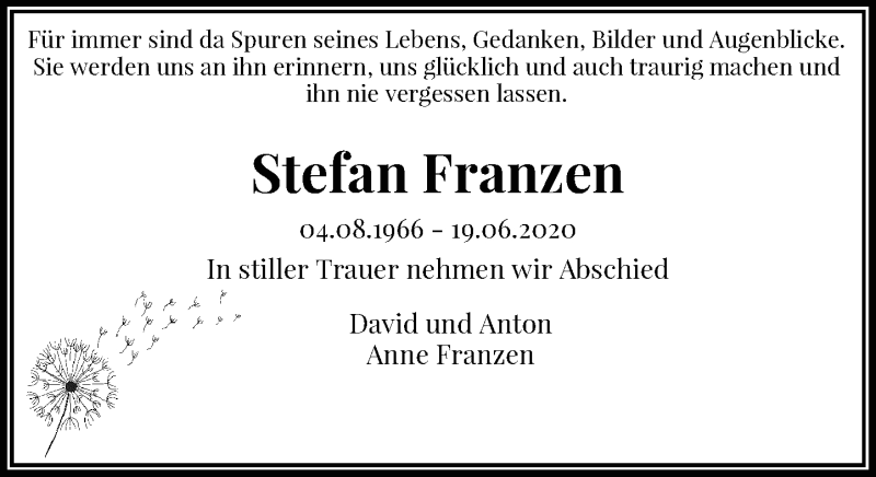  Traueranzeige für Stefan Franzen vom 22.06.2020 aus Rheinische Post