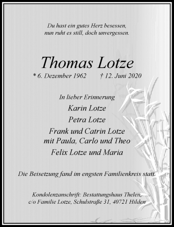 Traueranzeige von Thomas Lotze von Rheinische Post