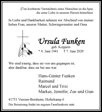 Traueranzeige von Ursula Funken von Rheinische Post