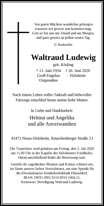 Traueranzeige von Waltraud Ludewig von Rheinische Post