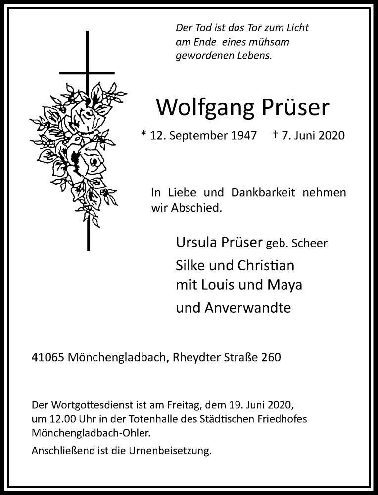 Traueranzeige für Wolfgang Prüser vom 13.06.2020 aus Rheinische Post