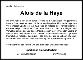 Traueranzeige von Alois de la Haye von Rheinische Post