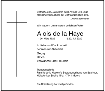 Traueranzeige von Alois de la Haye von Rheinische Post