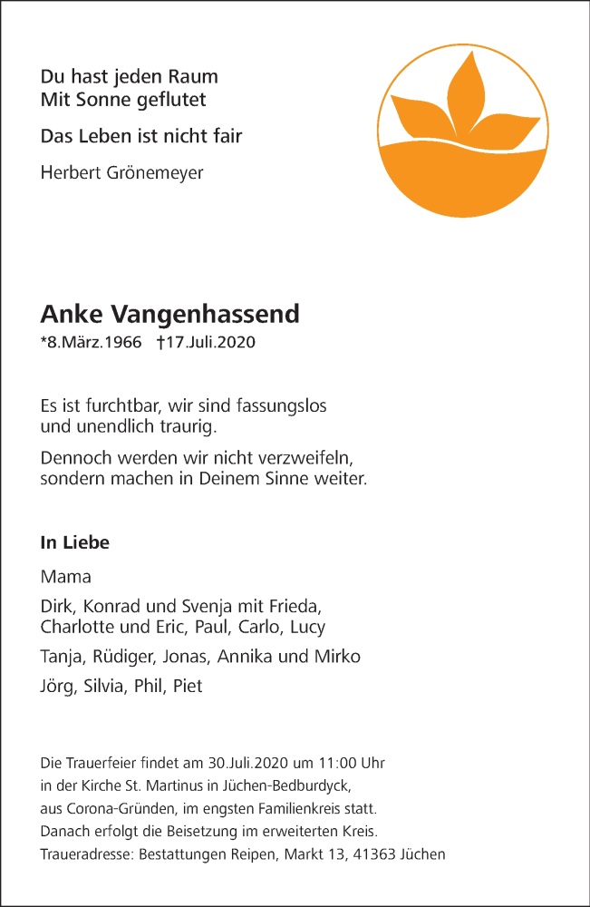  Traueranzeige für Anke Vangenhassend vom 25.07.2020 aus Rheinische Post