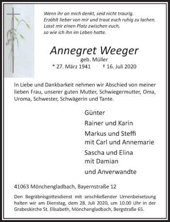 Traueranzeige von Annegret Weeger von Rheinische Post