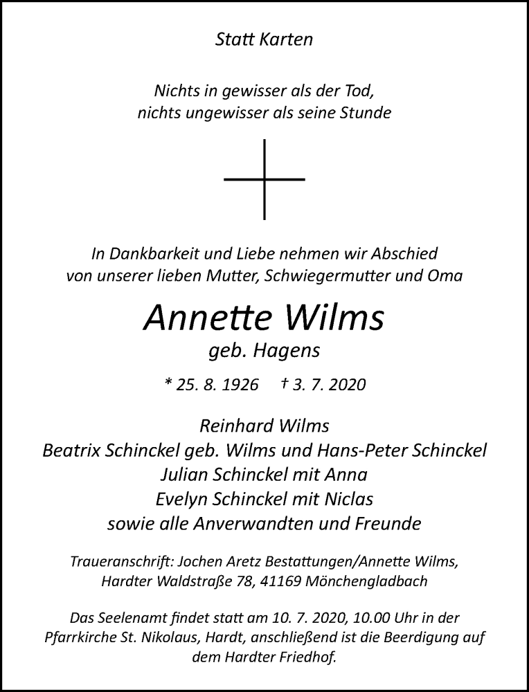  Traueranzeige für Annette Wilms vom 08.07.2020 aus Rheinische Post