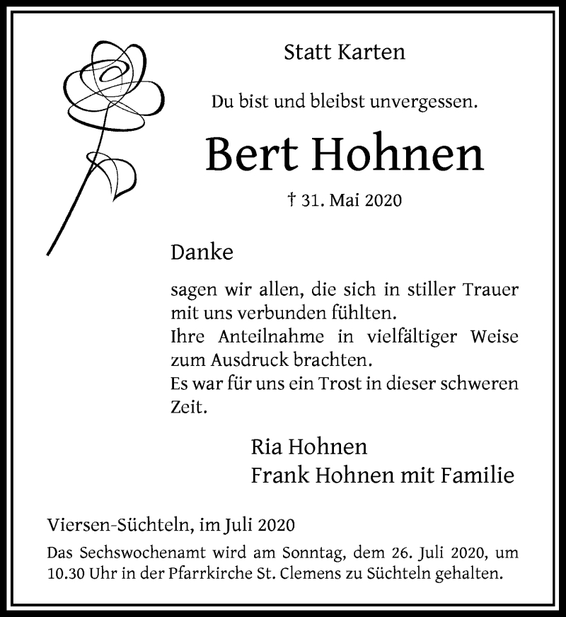  Traueranzeige für Bert Hohnen vom 22.07.2020 aus Rheinische Post