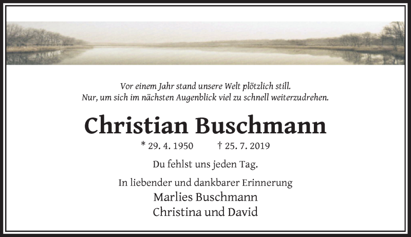  Traueranzeige für Christian Buschmann vom 25.07.2020 aus Rheinische Post