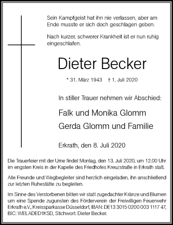 Traueranzeige von Dieter Becker von Rheinische Post